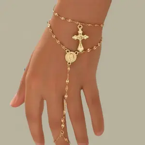 Gold Layered Hand Chain Bracelet with Cross and Virgin Mary Pendant, Dainty Sequins Chain Slave Bracelet Ring Combo for Women and Girls, Religious Jewelry