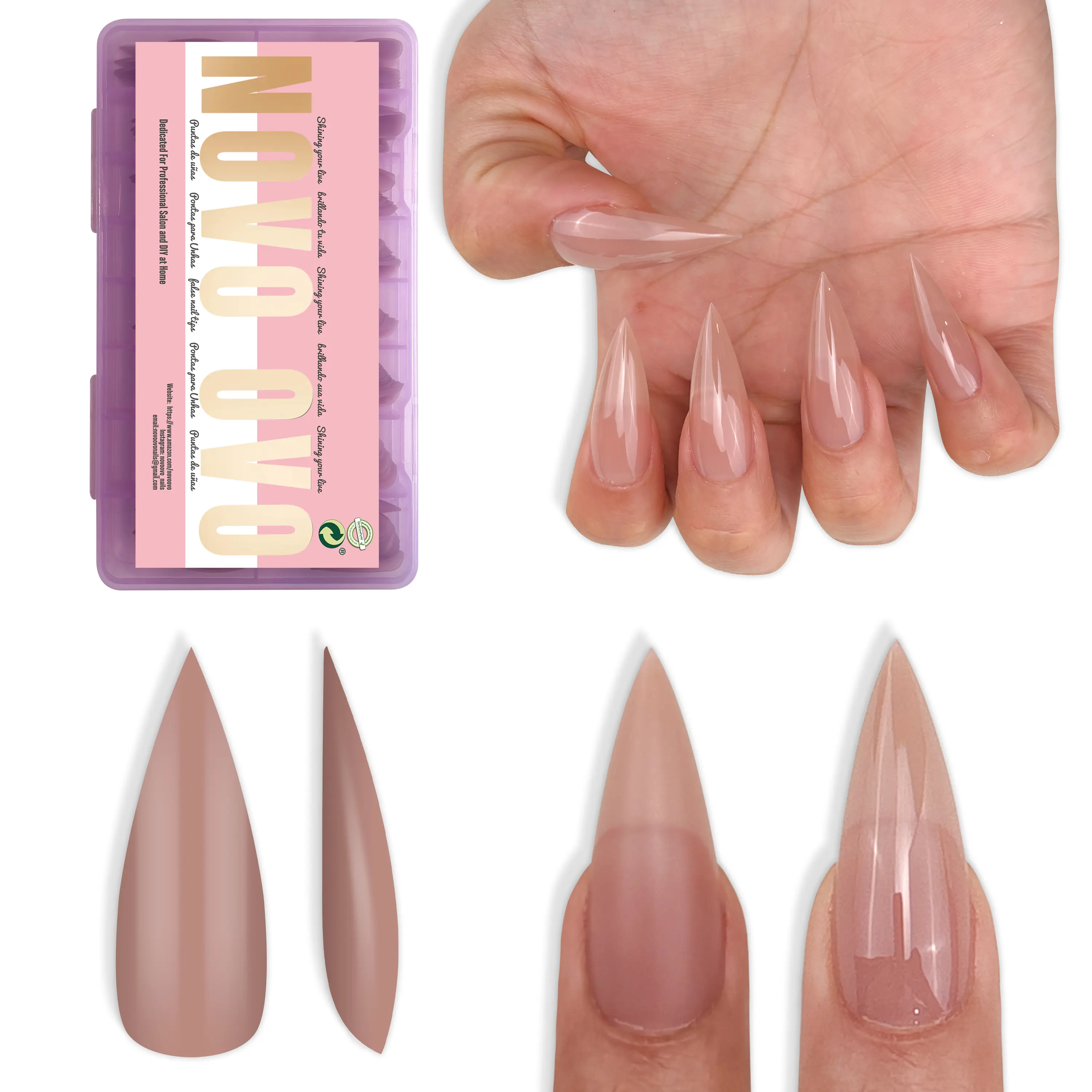 NOVO OVO Press on Nail Sets, Soft Gel Full Cover Tips, Sharp Stiletto, Medium Long Length, Soak Off, Pure Color Acrylic Extension, 224 Pcs, 16 Sizes, Nail Press On Nails
