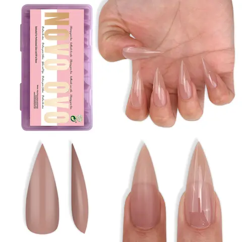 NOVO OVO Soft Gel Press-on Nail Sets - 224 Pcs Full Cover Extensions, 16 Sizes, Sharp Stiletto Shape, Medium/Long Length, Round Cuticle Fit, Pure Color, Soak-Off, Nail Glue Included, Box Packaging, Ideal for Home Manicure, Nail Extensions