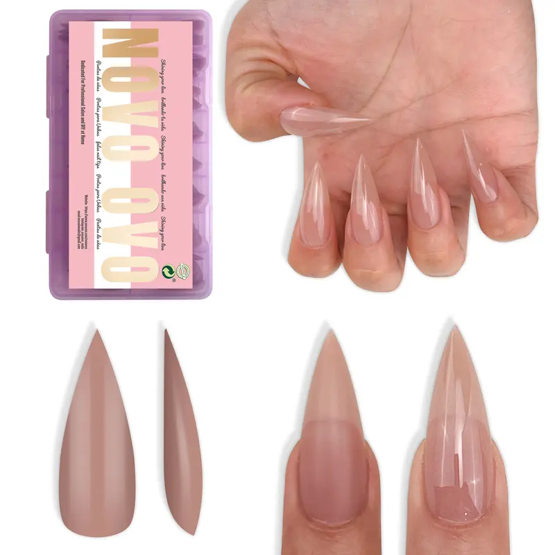 NOVO OVO Soft Gel Press-on Nail Sets - 224 Pcs Full Cover Extensions, 16 Sizes, Sharp Stiletto Shape, Medium/Long Length, Round Cuticle Fit, Pure Color, Soak-Off, Nail Glue Included, Box Packaging, Ideal for Home Manicure, Nail Extensions