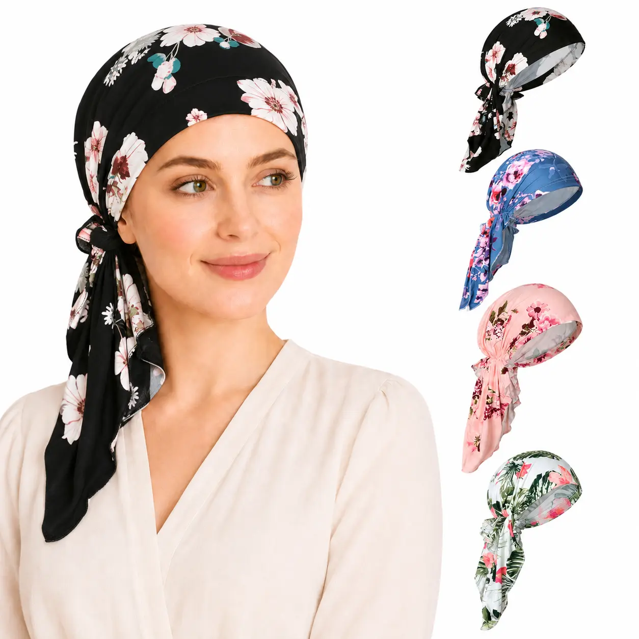 4 Pack Chemo Headwear for Women, Pre-Tied Cotton Turban Head Scarves, Soft Cancer Caps for Hair Loss, Breathable Full-Coverage Hats for Chemotherapy Patients