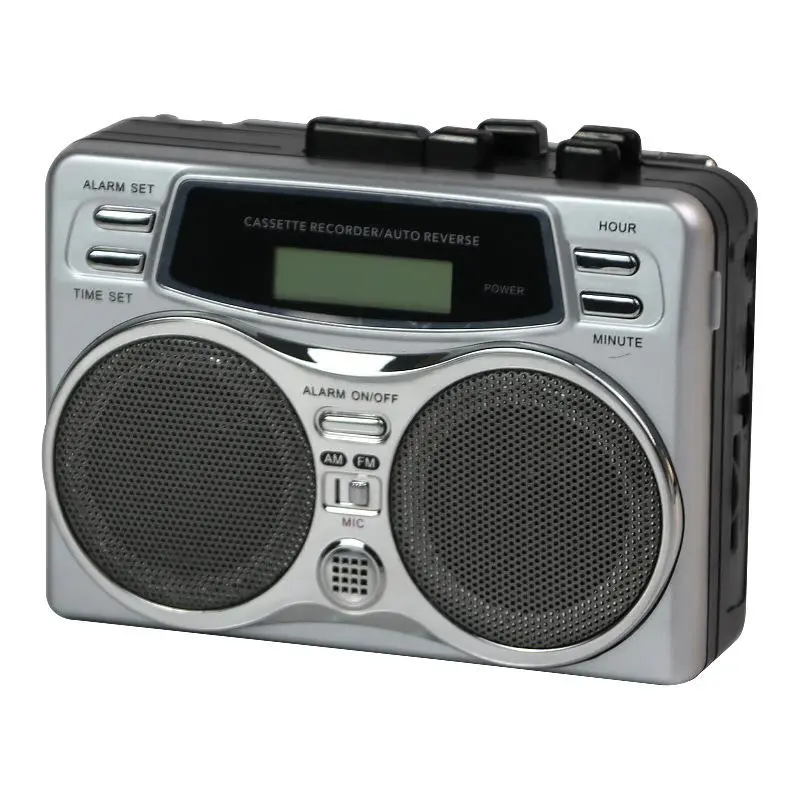 Portable cassette radio recorder, retro, internal and external recording, automatic rewind function, tape recorder