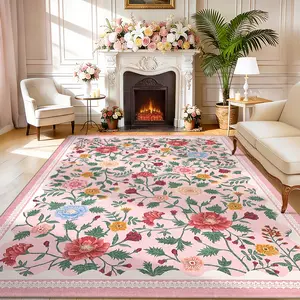 Washable Area Rug – Stain-Resistant Bohemian Floral Print with Decorative Border, Non-Slip Low Pile Faux Wool Soft Rug,  for Bedroom, Dining Room, Office, Game Room, Apartment, Laundry Room