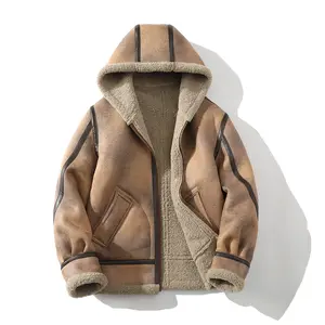 Handmade Limited Edition Men's Winter Suede-Like Jacket Faux Shearling Outdoor Thickened Windproof Coat with Hood and Pockets