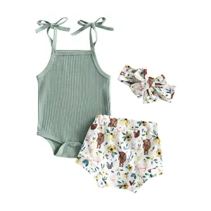 Newborn Infant Baby Girl 2 Piece Summer Outfits Tank Romper Top + Ruffle Bloomer Shorts Set Clothes