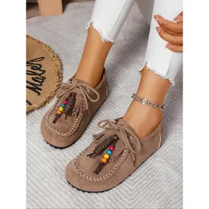 2025 New Women’s Round-Toe Cork Suede Clogs/Mules C Outdoor Fitness Shoes with Arch Support, Casual Beaded Tassel Moccasins for Women C Soft Suede Slip-On Loafers with Arch Support, Vintage Comfort Walking Flats, Footwear