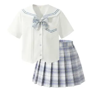 2-Piece Girls Plaid Skirt Set School Uniform JK Outfit - Short Sleeve Shirt with Bow & Pleated Skirt 4T-14Y
