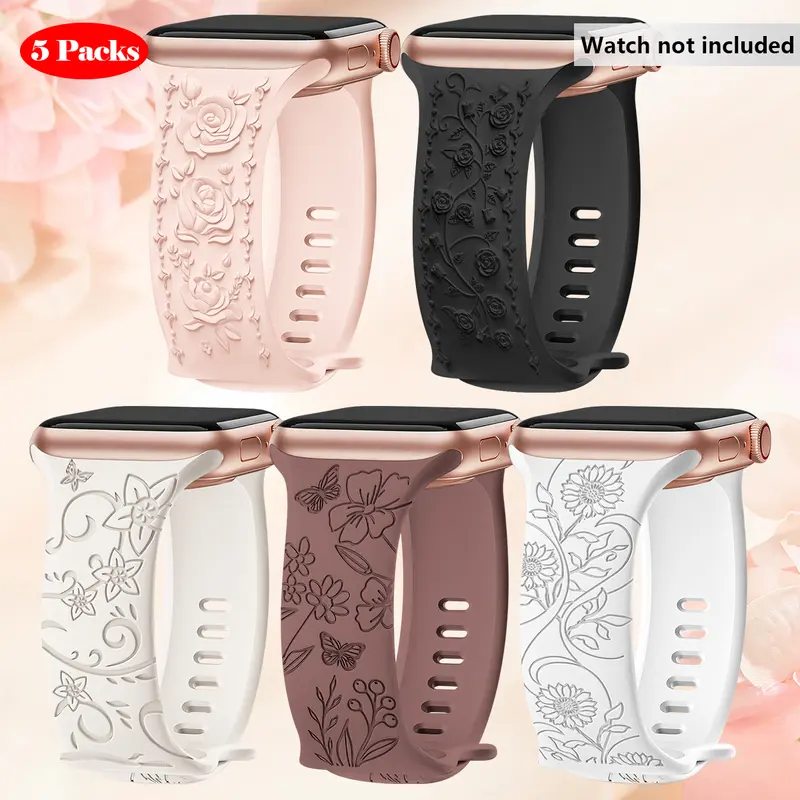 Floral Pattern Watch Band, 5 Counts/set Silicone Sport Watch Band, Soft & Breathable Watch Band for iWatch Band 38mm 40mm 41mm 42mm 44mm 45mm 49mm Smart Watch Straps, Smartwatch Accessories (Band Only)