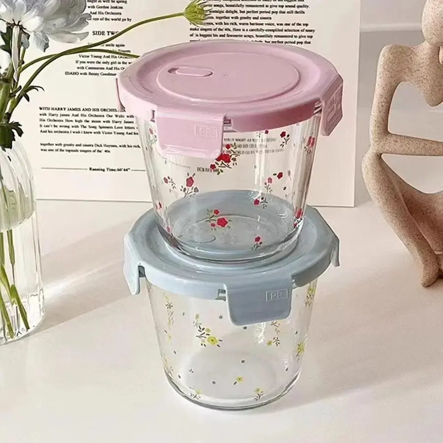 Glass Food Storage Box, 1 Count Flower Pattern Food Fruit Storage Container with Lid, Reusable Containers Airtight Leak Proof Food Storage Box for Home Kitchen Office School, Airtight Food Storage, Food Insulated Storage Organizer, Food Storage CGift.