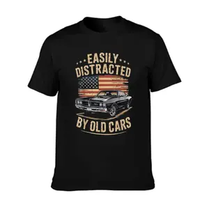Easily Distracted By Old Cars Graphic T‑Shirts for Men, Vintage American Flag Classic Muscle Car Print Tee, Casual Short Sleeve Patriotic Car Lover Top