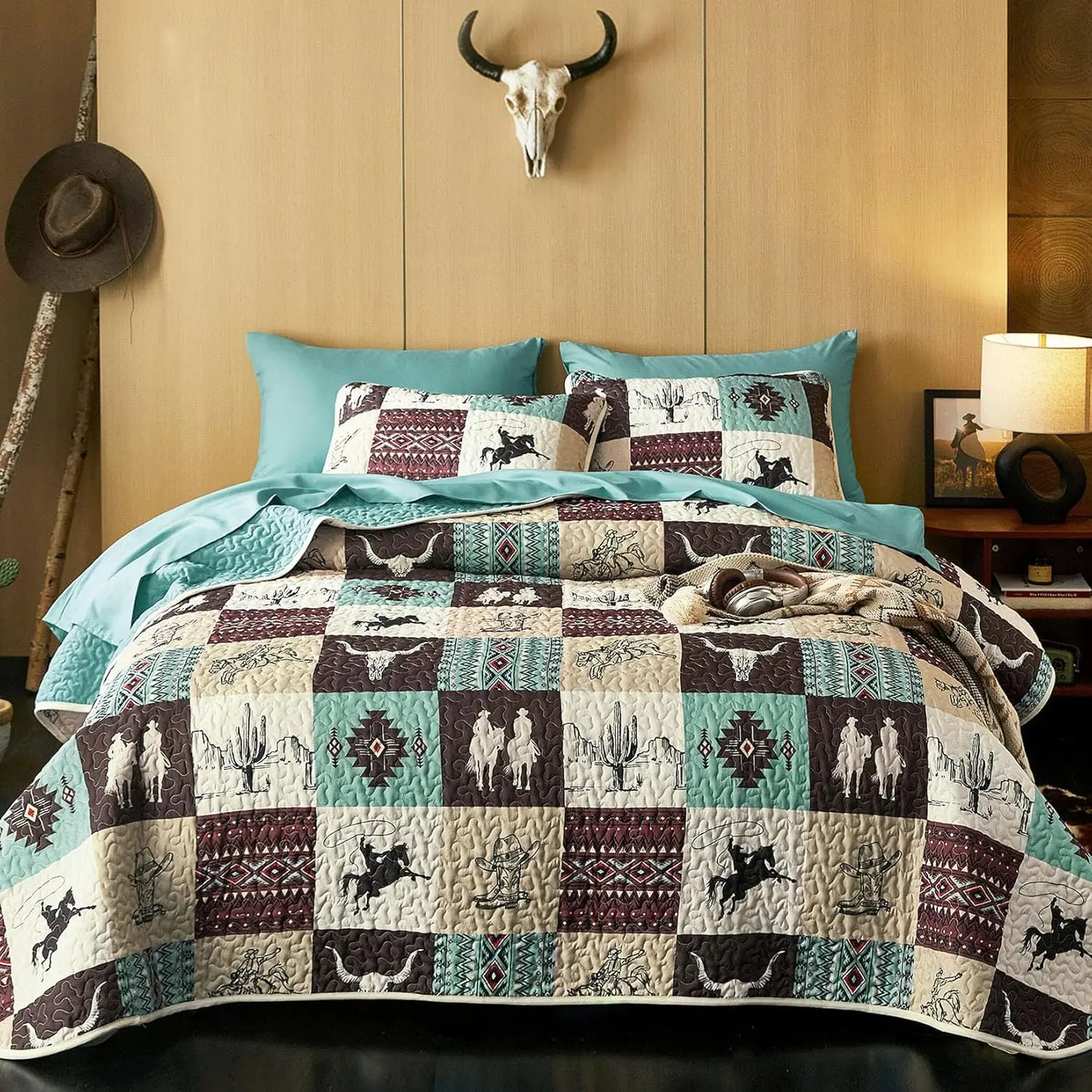 Wake In Cloud - Set, Southwestern Aztec Ranch Pattern Printed, Reversible Lightweight Bedspread Coverlet, 3 Pieces, Turquoise Taupe, Queen/Full Size