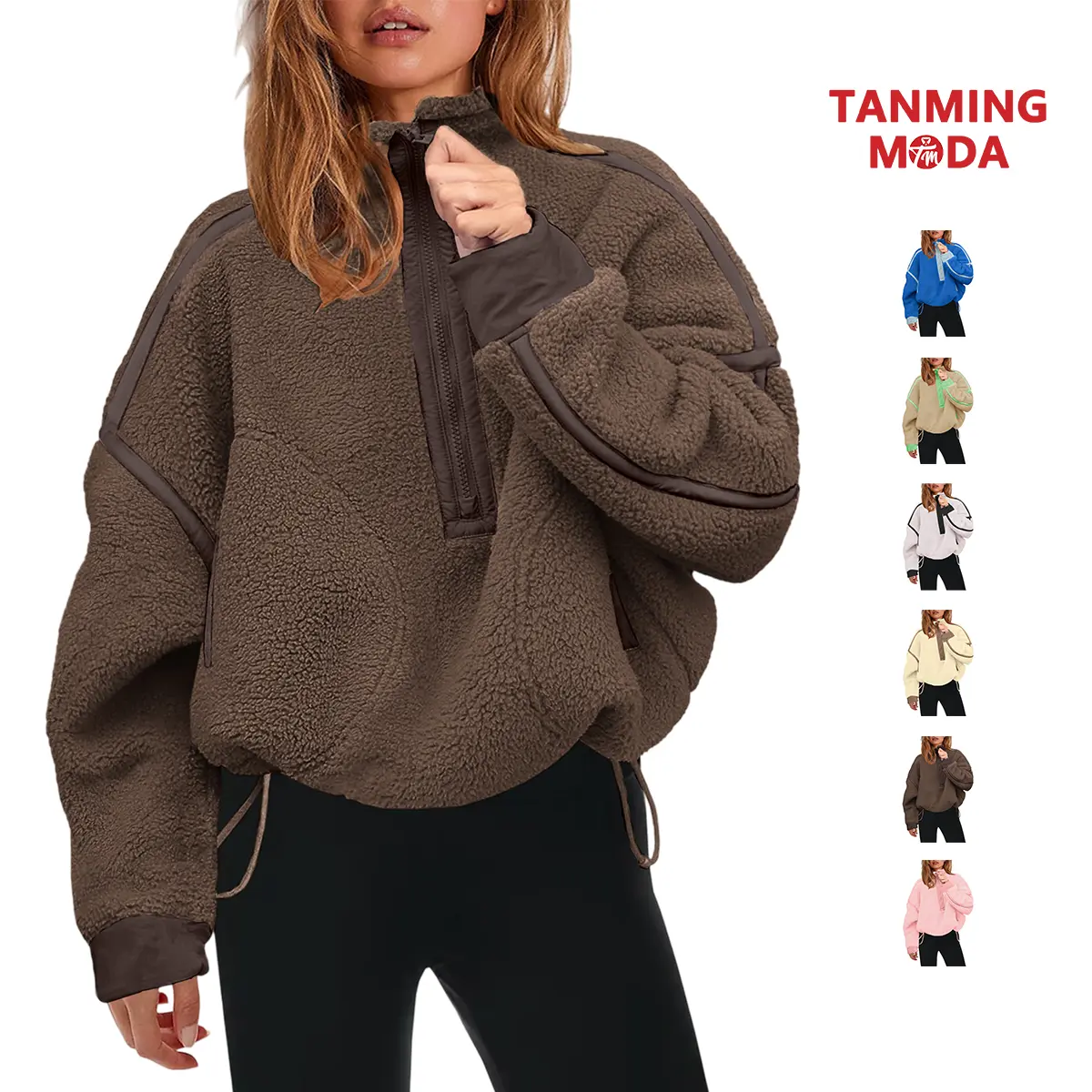 TanmingModa Women's Mock Neck Half-Zip Sherpa Fleece Pullover - Plus Size Fashion Loose-Fit Casual Cute Contrast Bind Sweatshirt with Pockets, Warm Long Sleeve Hoodie for Back to School, Hyrox