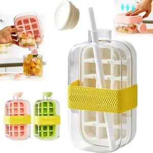 Ice Cube Bottle, Zero Touch Ice Cube Mold, Ice Bottle Cup, Easy Release Ice Mold for Freezer, 2 in 1 Touch-Free Ice Cube Tray Water Bottle with Lid and Bin-800ml White