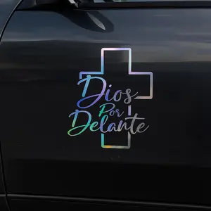 2Pcs Dios por Delante Religious Cross Holographic Car Decal - High Definition Waterproof Christian Sticker for Laptops Hardhats Bumpers Helmets Cars & Gear