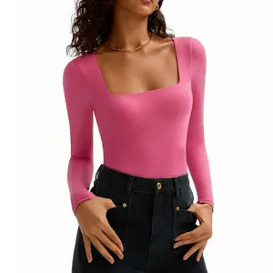 Women's Long Sleeve Bodysuit Double Lined Square Neck Body Suit Tops Snap Closure Soft