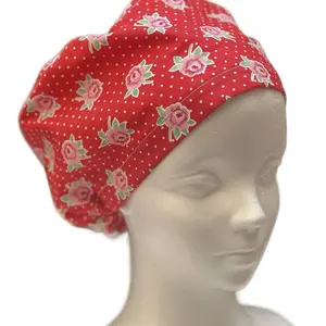 Floral Euro Surgical Scrub Cap, Red Fabric with Floral Pattern, Ideal for Surgical Use