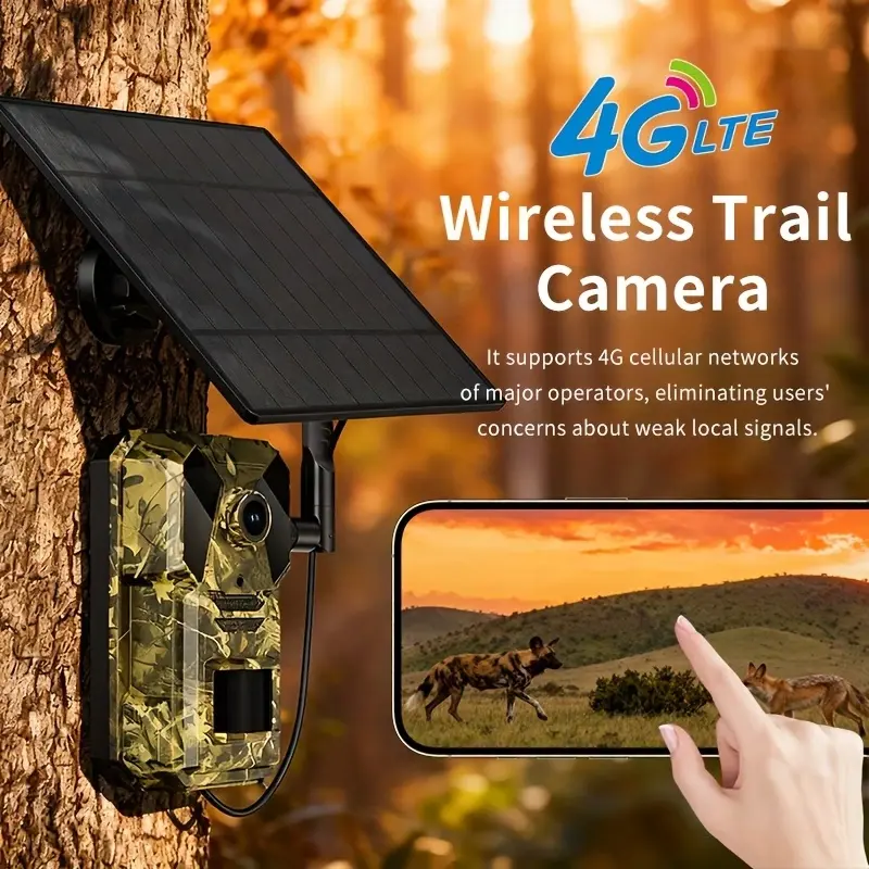 1PC 4G LTE Solar Trail Camera – 1080P HD Wireless Hunting & Wildlife Camera with Motion Detection, Night Vision, AI Tracking, and IPX5 Waterproof Outdoor Security.