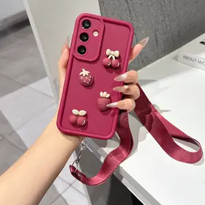 Suitable for Redmi series models Note11/11pro/12/12pro/13/13pro/14//14pro/15/15pro/Redmi 12/Redmi12C/Redmi13/13C/14C/15/15C，3D Three dimensional cherry strawberry small accessory hanging rope phone case, equipped with a detachable hanging rope