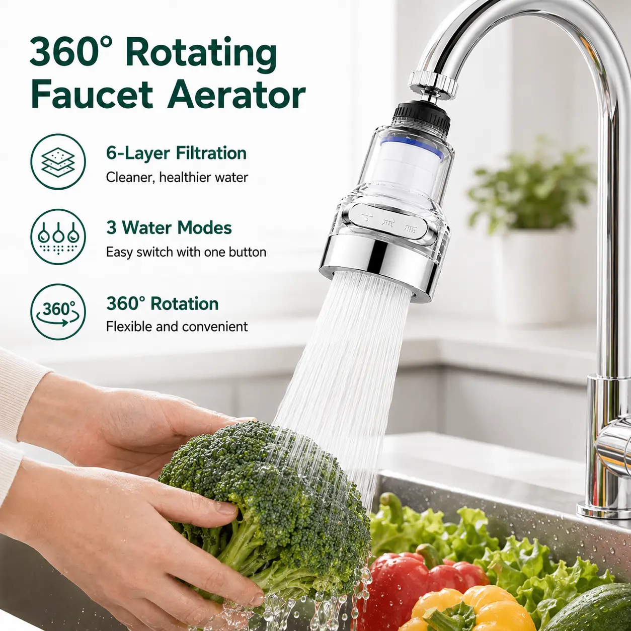 1/2 Count, 360° Rotating Faucet Aerator Filter 6-Layer Filtration 3 Water Modes Splash-Free for Kitchen Sink Fruit Vegetable Cleaning