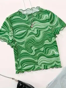 Women's Abstract Print Lettuce Trim Tee, Casual Short Sleeve T-shirt for Summer, Ladies Clothes for Daily Wear