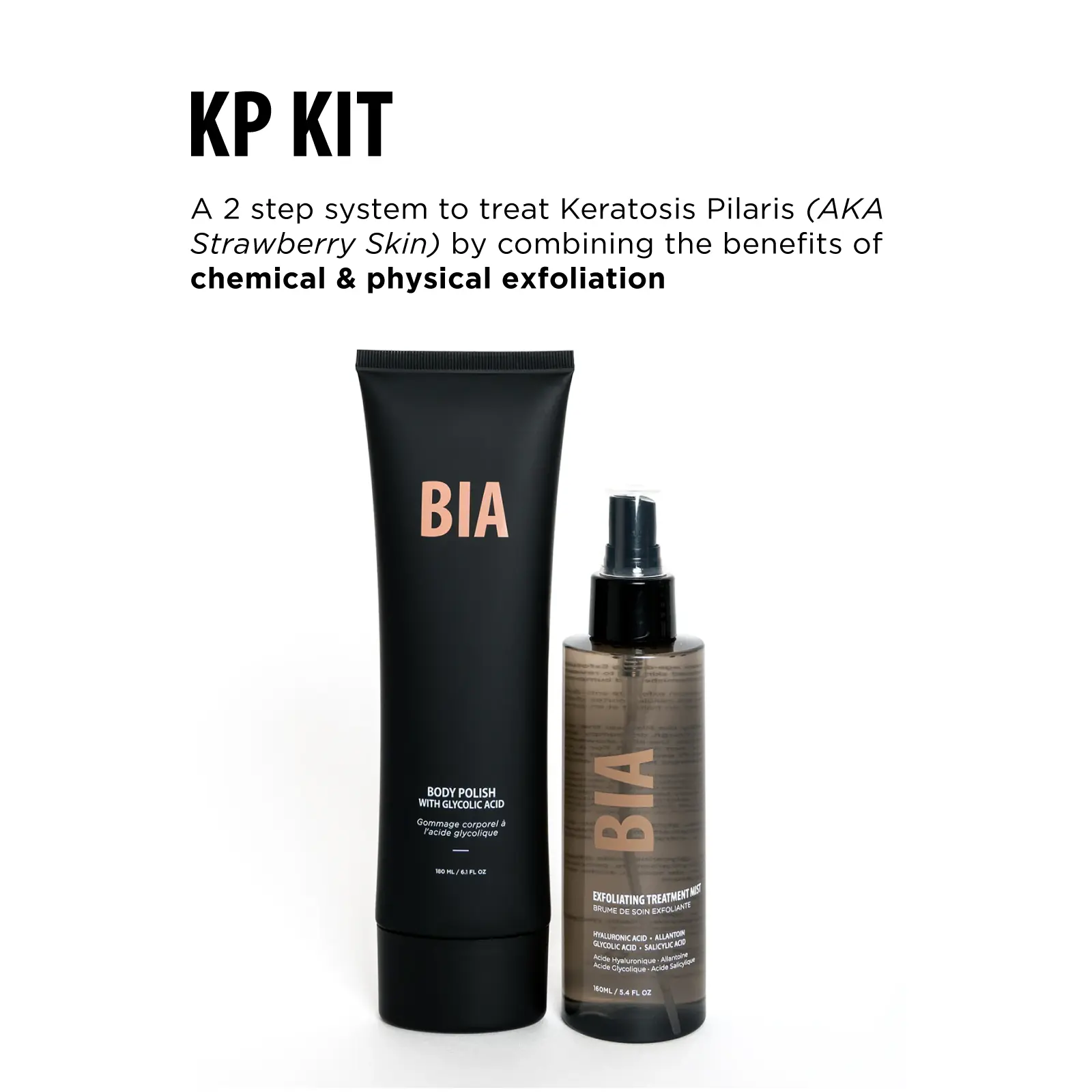 Bare It All Skin KP Kit - 2-Step Keratosis Pilaris Treatment - Body Polish 180ml & Exfoliating Mist 160ml - Glycolic Acid, Salicylic Acid & Niacinamide - Clears KP, Bumps & Ingrown Hairs - Cica-Infused - Vegan & Cruelty-Free - For Women