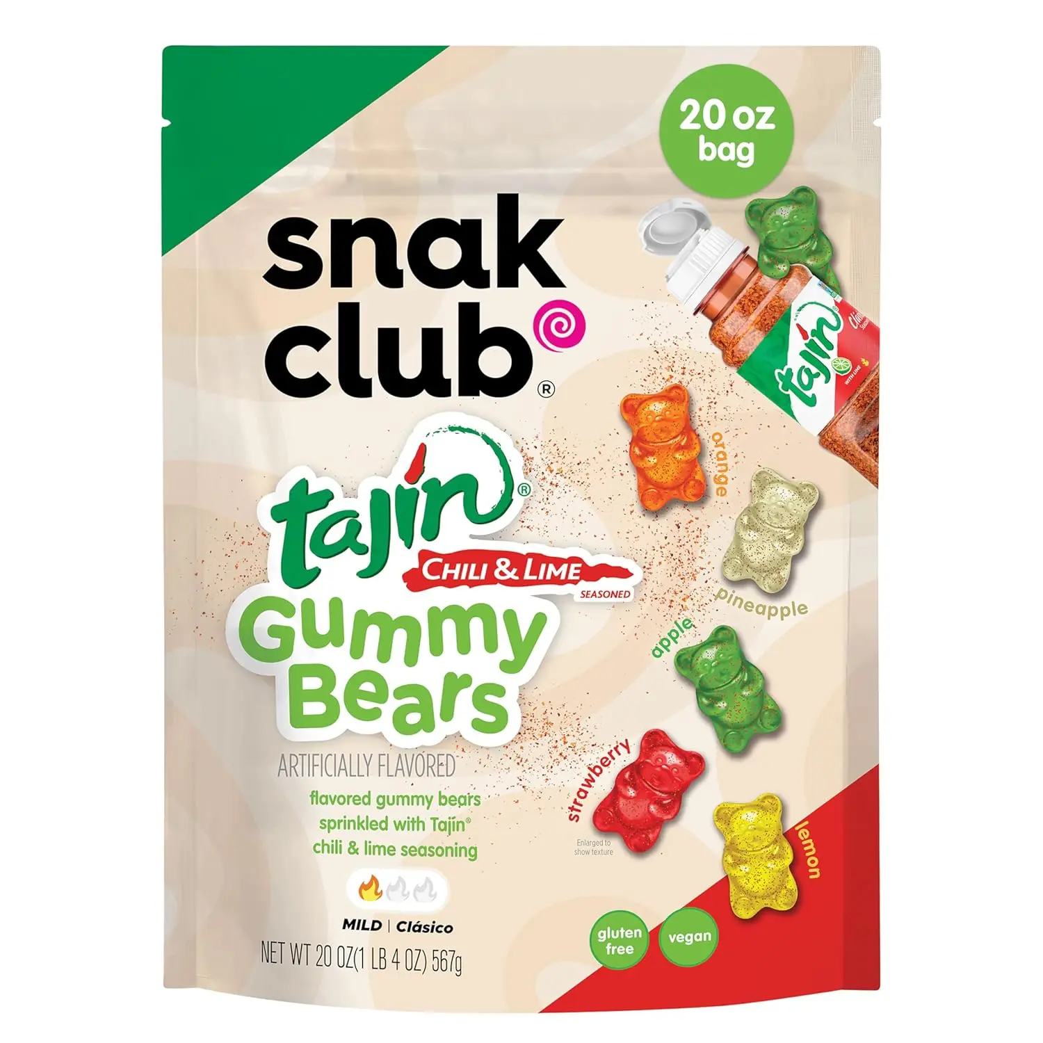 Snak Club Tajin Gummy Bears, Assorted Fruit Candy Gummies with Chili and Lime Seasoning, Mild, Gluten-Free and Vegan Snacks, 20 oz Resealable Bag