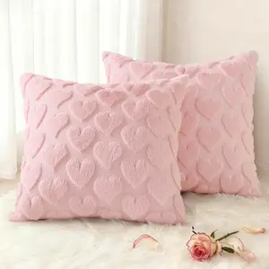 Valentine’s Day Soft Plush Throw Pillow Covers 18x18 Inch Set of 2, Faux Fur Pink Heart Decoration Neutral Square Pillow Covers for Couch Sofa Bed Cozy Far