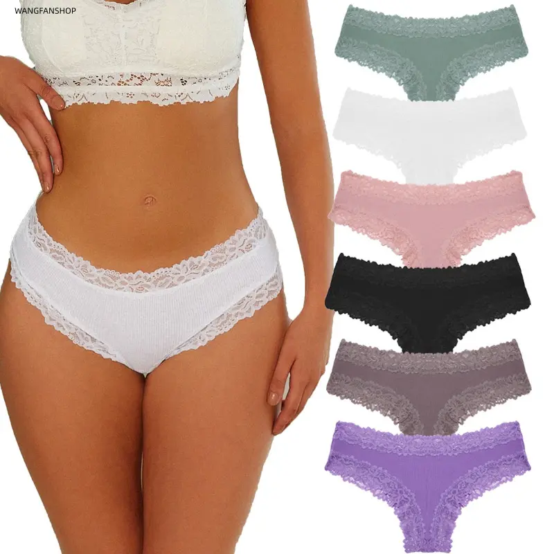 Women’s six-pack ribbed cotton lace bikini panties, low-rise scalloped edge Brazilian semi-thigh triangle briefs, soft, breathable minimalist close-fitting underwear, sizes S–XL, suitable for everyday wear at home, workouts, and travel.