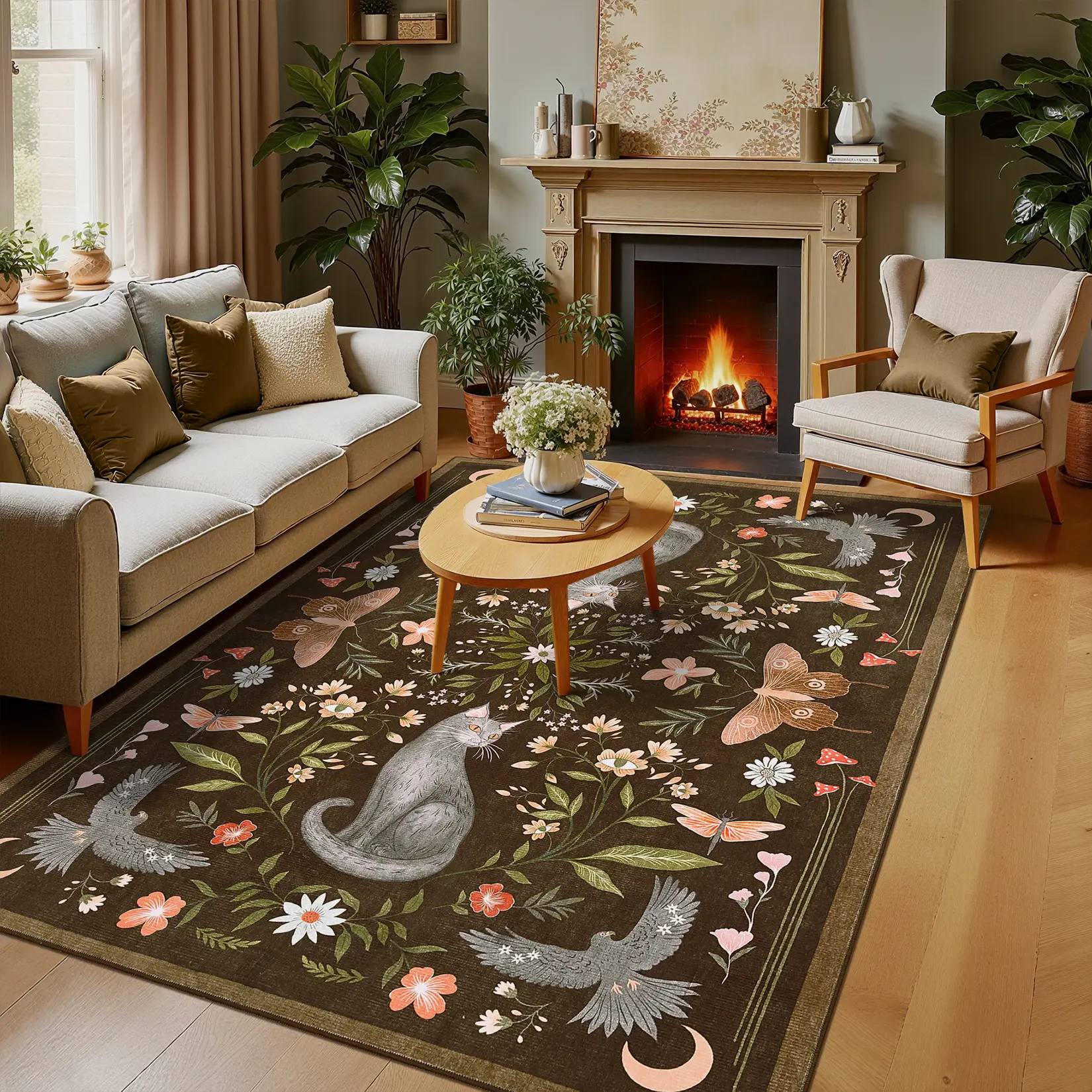 Gothic Floral Art Cat Butterfly Mushroom Botanical Indoor Area Rug - Ultra-Thin, Soft, Non-Slip, Machine-Washable Home Decorative Flower Rug for Bedroom, Dining Room, Botanical Area Rugs, Home Decorative Rug