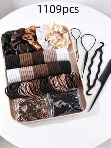 1109pcs Women's Dark Hair Accessories, Invisible Seamless Ponytail Elastic Bands, Soft & Comfortable, Ideal for All Occasions