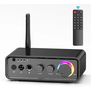 M19 BT Amplifier Stereo Receiver,  5.3 Mini Amplifier 2 Channels 100W x2 HiFi Class D Amp with RCA/Optical/Coaxial/Mic Input and Bass Treble Control for  Outdoor Speakers