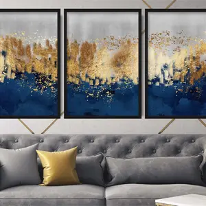 Set of 3 Navy Inspired Abstract Watercolour Art, Gold Statement Home Decor, Exceptional Housewarming Gift
