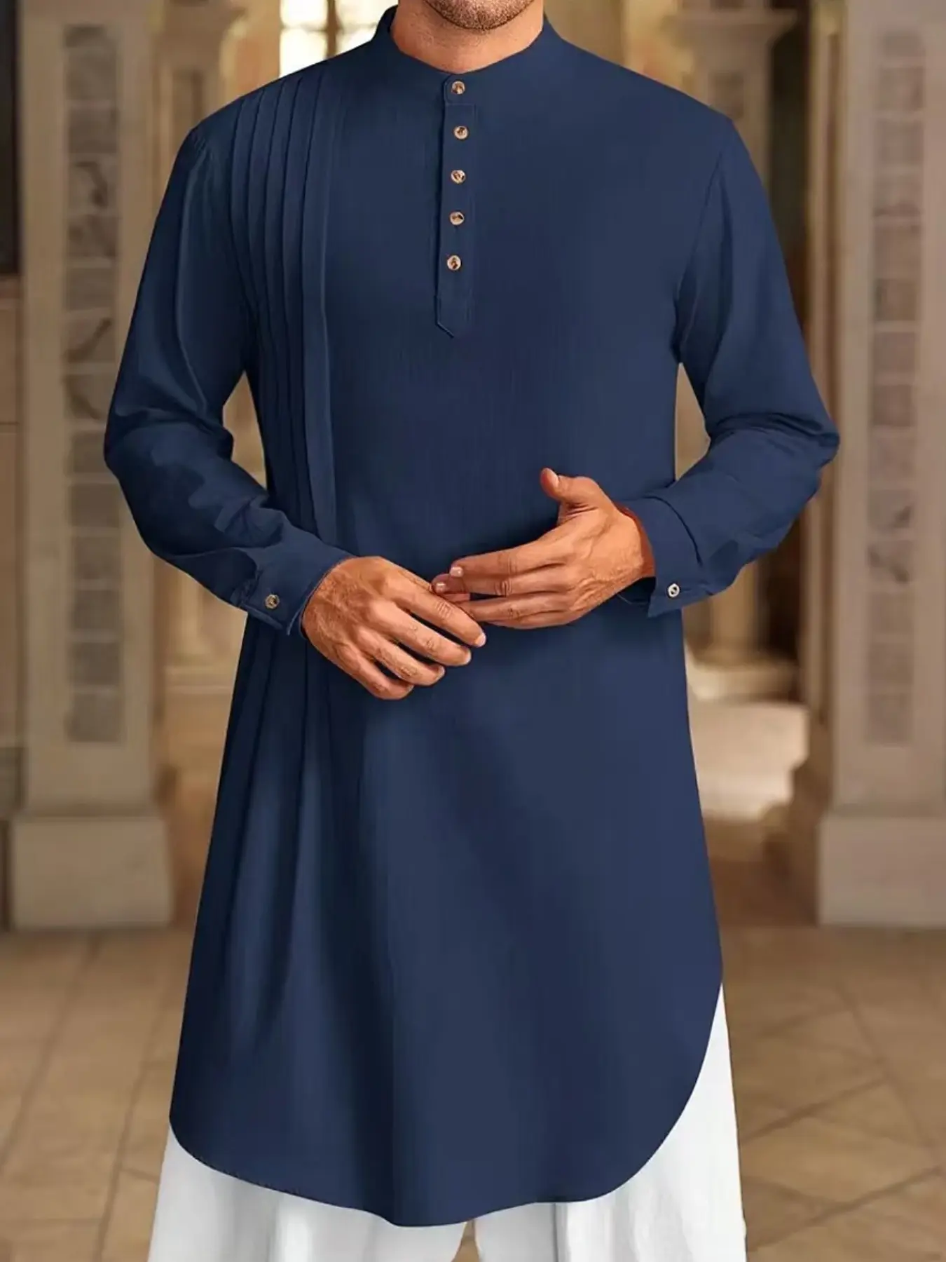 New Muslim Robe for Men, Middle Eastern Arabic Malaysian Button-Up Shirt, Stylish Long Sleeve Clothing, Comfortable Daily Wear, Modesty Collared Style Thobe