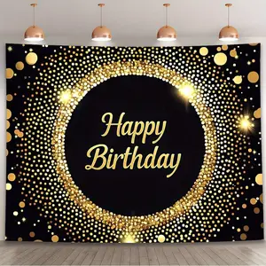 1PC Happy Birthday Golden Sequin Backdrop Banner - Sparkling Black & Golden Design, Durable Polyester, Easy to Hang & No Electricity Needed, Ideal for Birthdays/Parties/Photo Wall