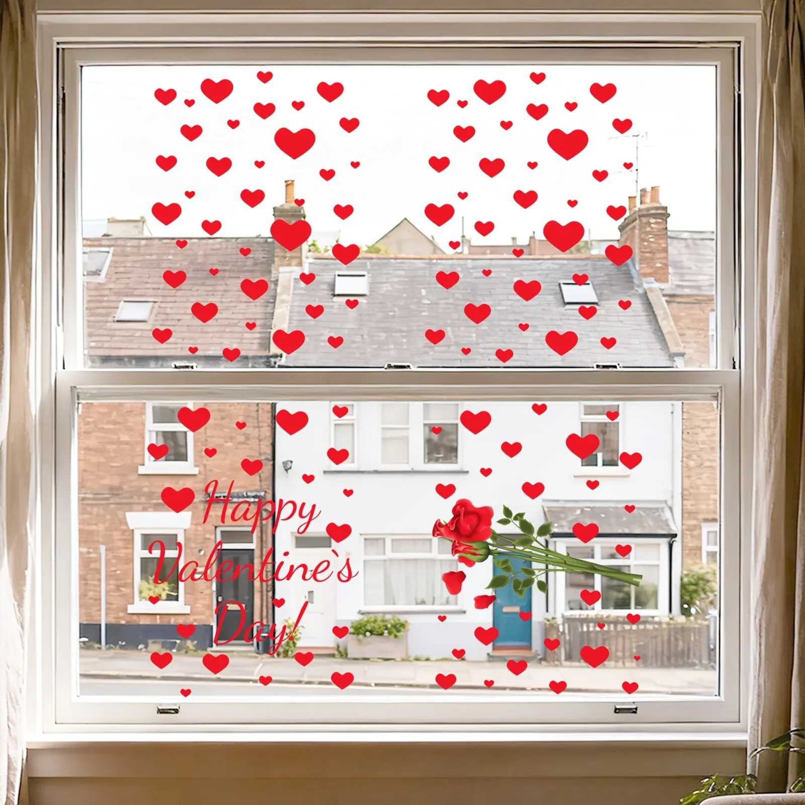 A set of 4 pieces (30cm*40cm*4pcs) Red Love Heart Rose Valentine's Day Window Stickers, double-sided visible, decorative window decals, suitable for home windows, shop windows, glass doors, static stickers HA15500