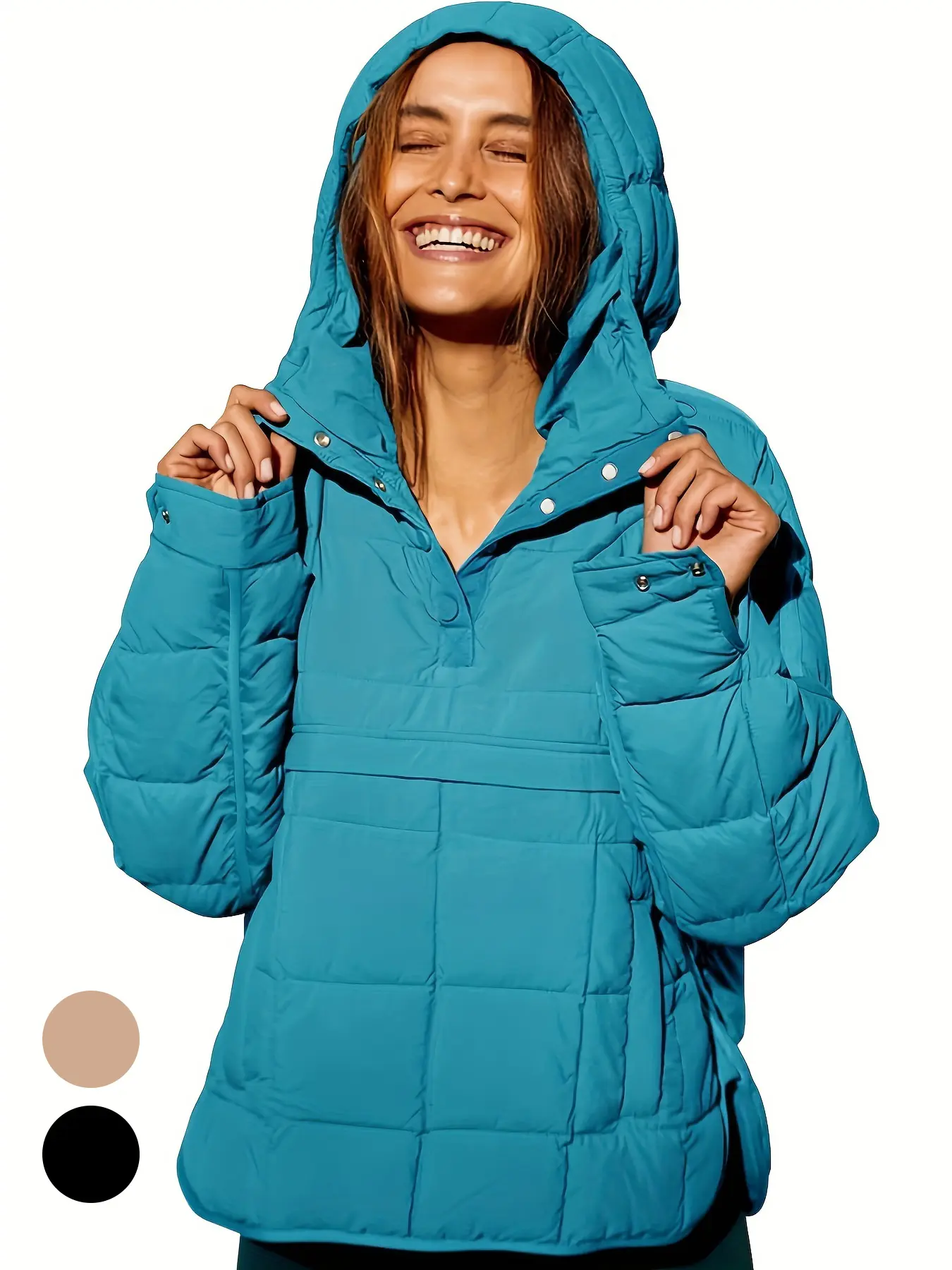 Skoinvb Women's Solid Color Puffer Jacket Quilted Dolman Hoodies Pullover Long Sleeve Lightweight Warm Tops Coat