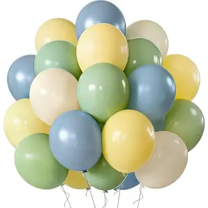 Sage Green Dusty Blue Yellow Balloons Set, 60 count 12 Inch Olive Green Macaron Yellow Slate Blue White Sand Cream Latex Balloons for Birthday   Party Wedding  Shower Deocrations Supplies