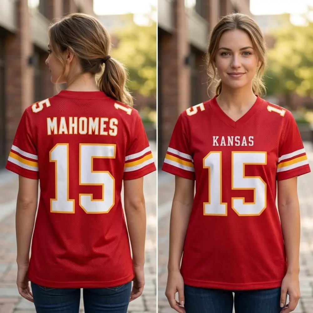 Mahomes Kansas Football Mesh Jersey,  Red V-Neck Mesh with Yellow White Stripes Design, Great Gift for Football Fans