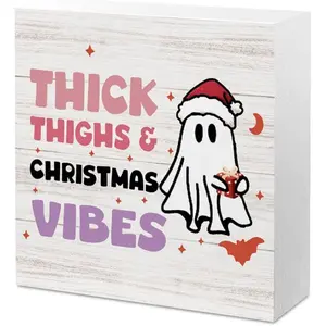 Gothic Christmas Decor Xmas Decorations Indoor for Home Office Desk Table Ghost Thick Thighs Christmas Vibes Wooden Box Signs 5 X 5 Inches