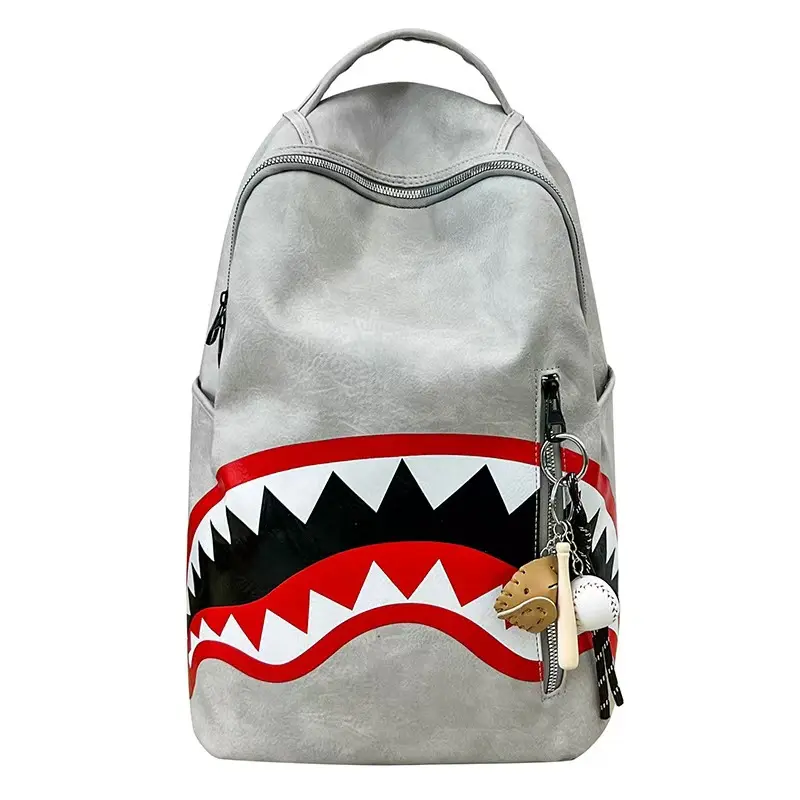Sprayground Light Gray Faux-Leather Shark Teeth Strip Print Backpack with Baseball Keychain - Hype Streetwear Large-Capacity Laptop Backpack for Teen Boys, Durable Fashion Bag for Back to School, Daily Casual Use