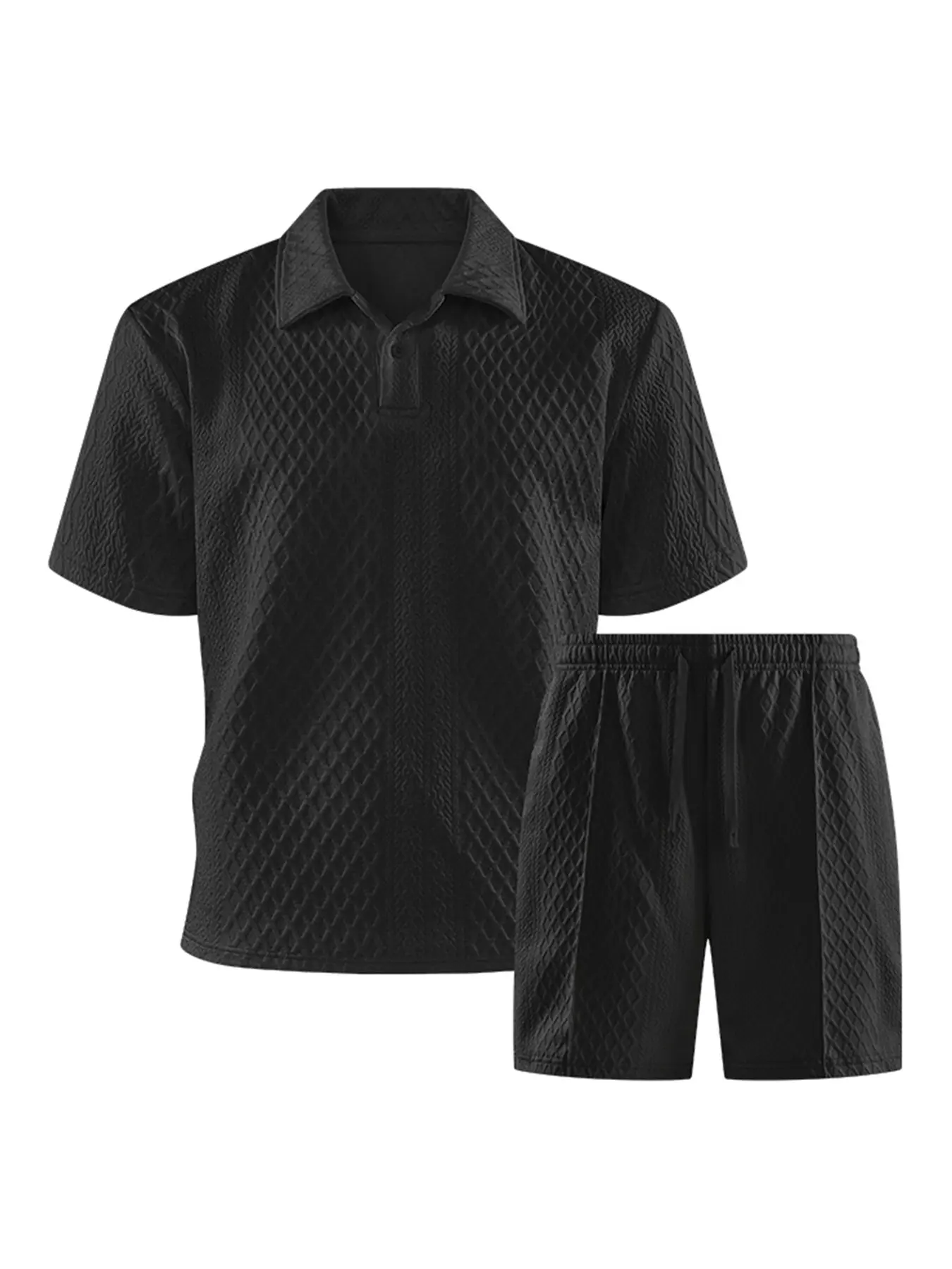 Men's Waffle Texture Two-Piece Set, Casual Short Sleeve Polo Shirt & Shorts, Comfortable Breathable Fabric, Ideal for Golf & Outdoor Activities