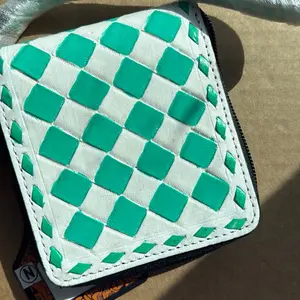 Turquoise and White Check zip Card Holder with Wristlet Leather - Stylish and Functional Accessory for Everyday Use