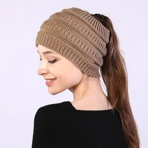 Ladies Solid Knit Hat Autumn Winter Widened Knitted Headband Face Wash Head Cover Empty Top Ponytail Wool Hat 100% Acrylic 50-62cm Circumference Brown Bandana for Women