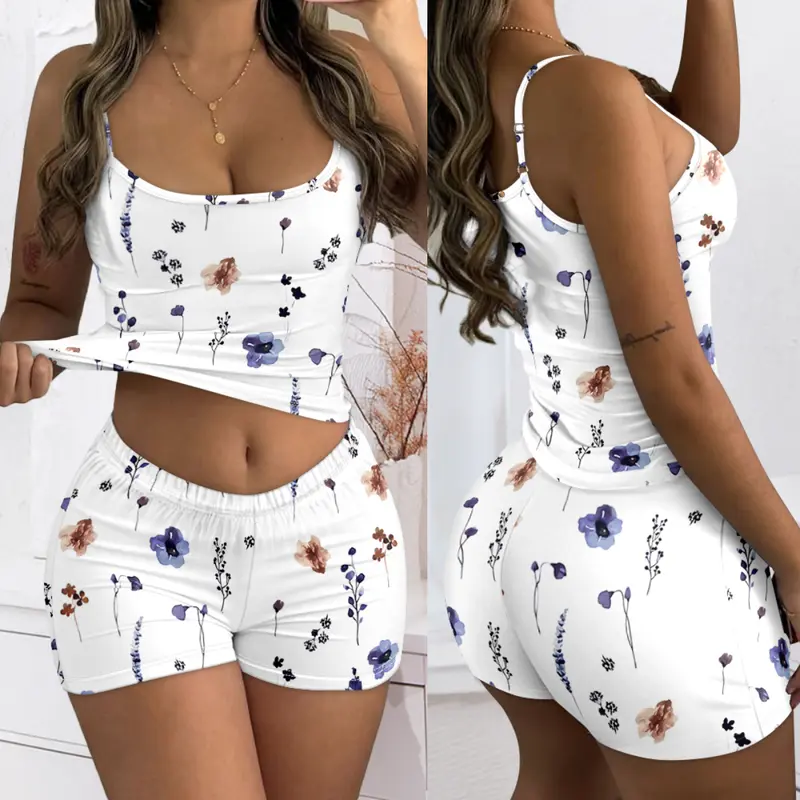 CHICME Women's 2 Piece Floral Print Shorts Set, Spaghetti Strap Cami Top with Bowknot, Casual Matching Outfit, Two Piece Sets, Shorts For Women