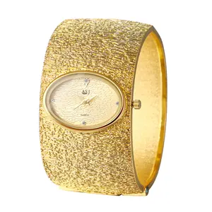 OIDEA Women's Gold Chunky Cuff Bracelet Watch - Oval Analog Alloy Bling Dressy Fashionable Gold-Accented Hinged Bangle Wristwatch with Rhinestone Markers for Summer, Alloy Quartz Watches, Bling Quartz Watches