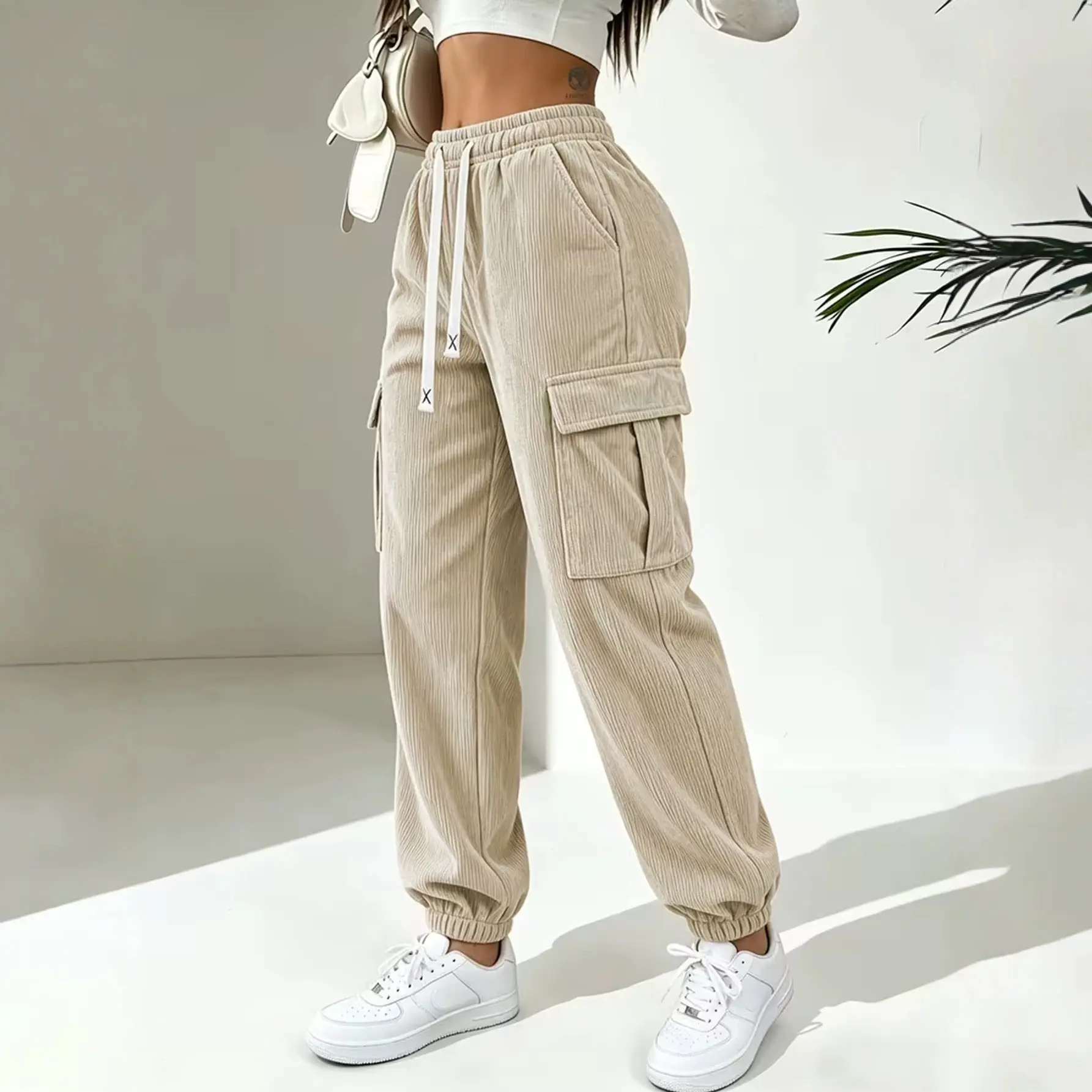 Womens Corduroy Solid-Color Casual Ankle-Banded Pants