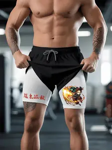 Men's 2-In-1 Anime Super Saiyan Print Gym Shorts, Quick-Dry Training Shorts with Symbol Pattern, Street Style Running Shorts