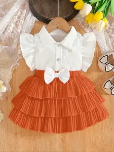 New summer baby girl ins short sleeve set cake skirt, versatile little flying sleeve lace trim shirt bow tie, cute and delicate pure color cute cake short skirt set for, Valentine's Day gift, Baby Girl Clothes