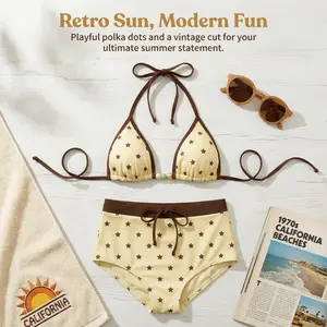 Women's Swimsuit bikini,retro yellow polkat Print vintage colour block swimsuit pants summer sets for/Going Out Outfits/Birthday