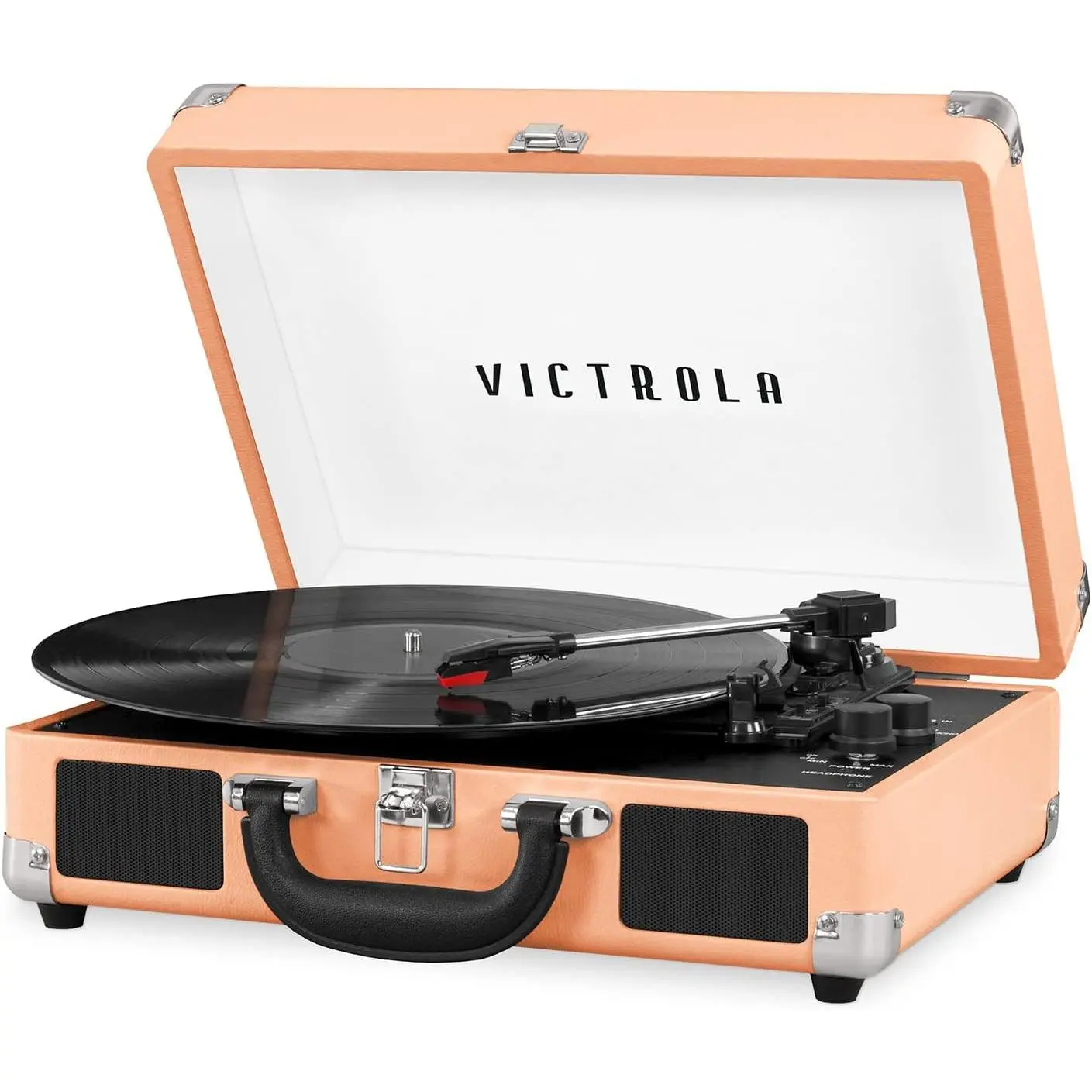 Rose Gold 3-Speed Portable Suitcase Turntable - Bluetooth Wireless Vinyl Record Player with Built-in Speakers, RCA Line Out, 3.5mm Jack, Durable Design for Digital Music & Vinyl Records
